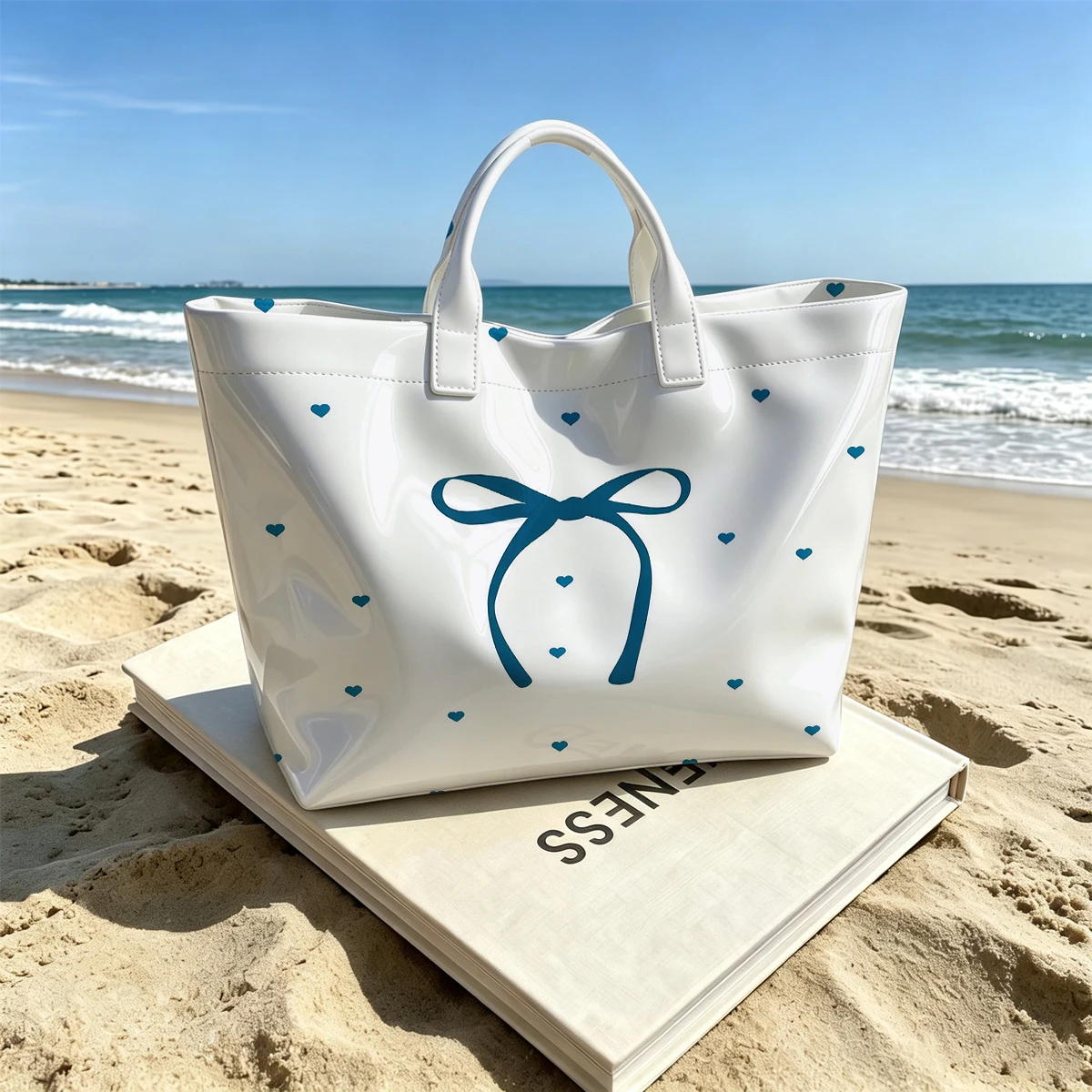 Blue Bow Knot Cute Large Glossy PVC Tote Bag Hand Washable Lightweight Soft Great for Travel Commute Makeup Storage Handbags