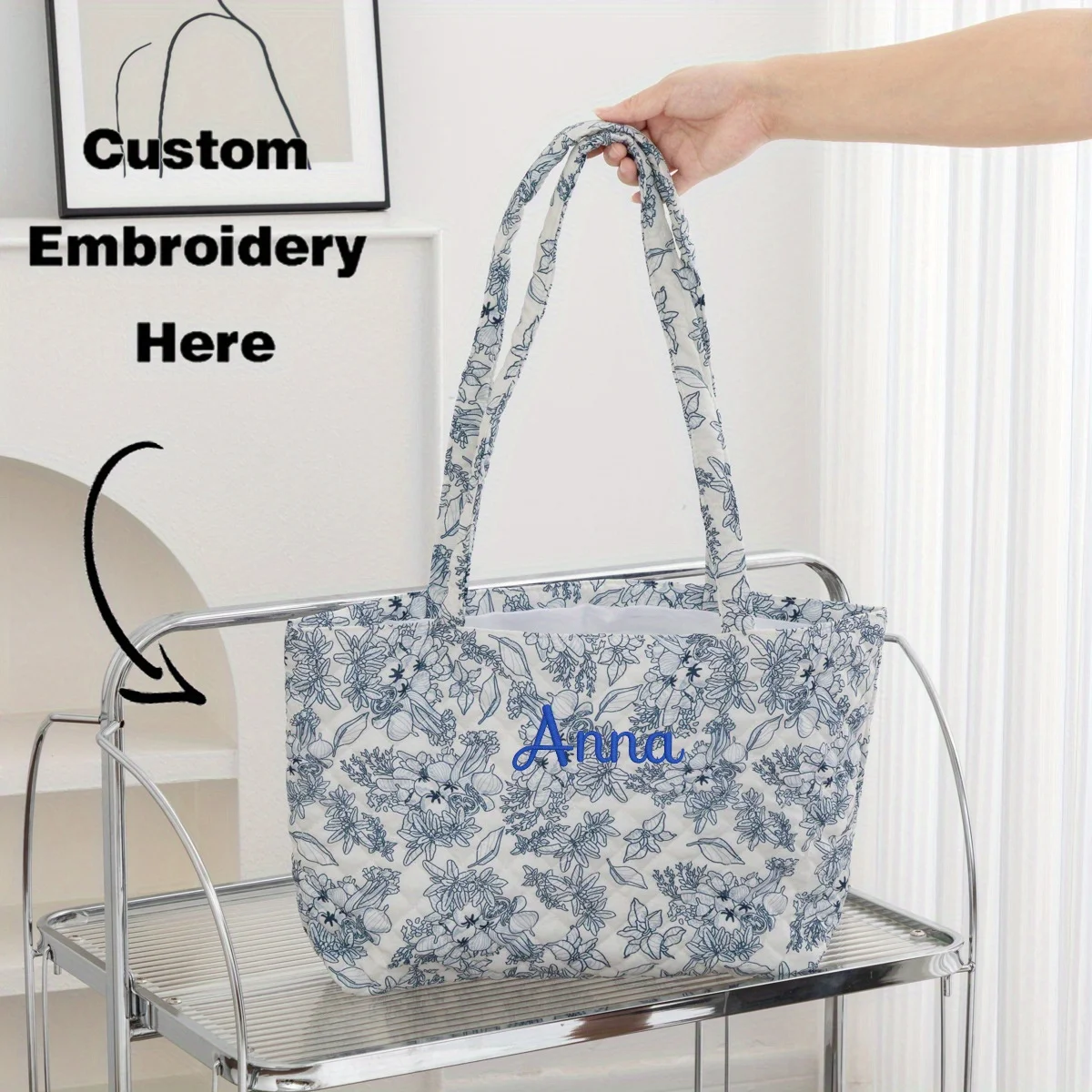 Custom Embroidery Quilted Tote Bag Women Floral Print Shoulder Bag Cotton Handbag Personalized Name Gift Daily Shopping Bag