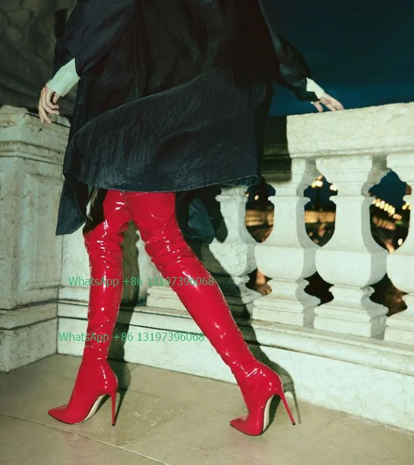 Lady Red Mirror Patent PU Boots Sexy Party Dress Elegant Thigh Boots Over the Knee Stretch Tight Boots Stiletto Heel Fall Dress