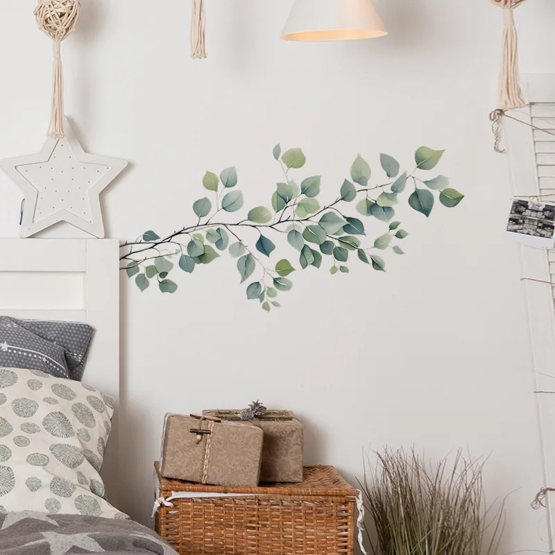 Small Fresh Green Leaves Branches Wall Stickers Bedroom Living Room Entrance Home Decor Beautification Wall Decals Decoration