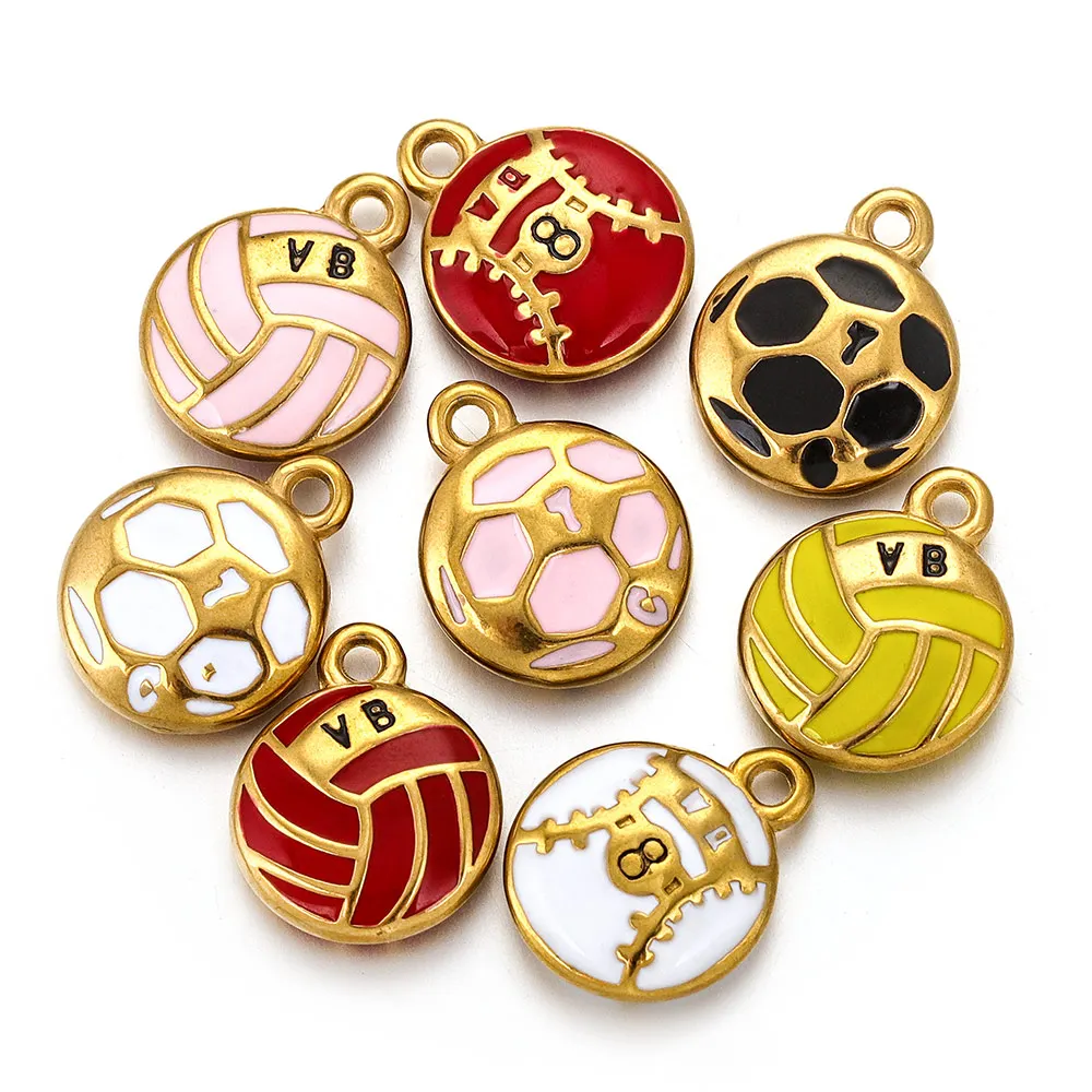 5pcs Stainless Steel Charm Enamel Football Volleyball Gold-plated for DIY Necklace Bracelet Jewelry Making Accessories Wholesale