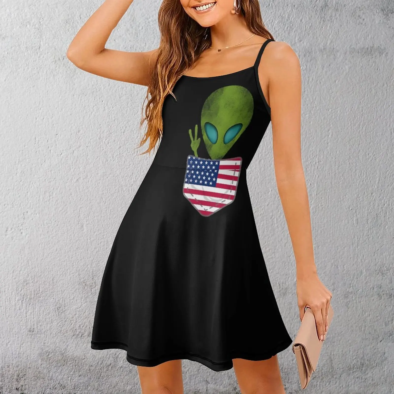 

Alien USA Flag Shield Casual Graphic Sexy Woman's Clothing Women's Sling Dress Funny Novelty Parties Strappy Dress