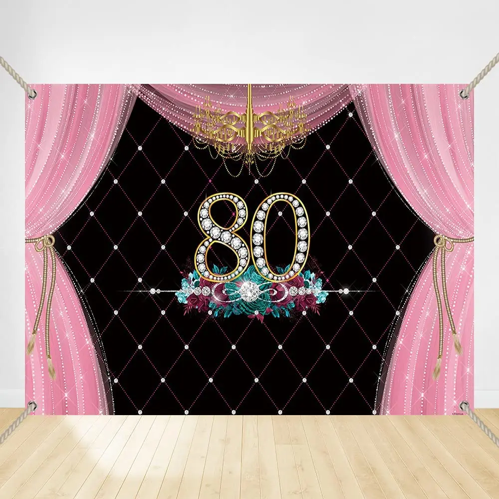 Black And Pink 80th Birthday Photography Backdrop For Women 80th Anniversary Party Decor Pink Curtain Background Eighty Banner