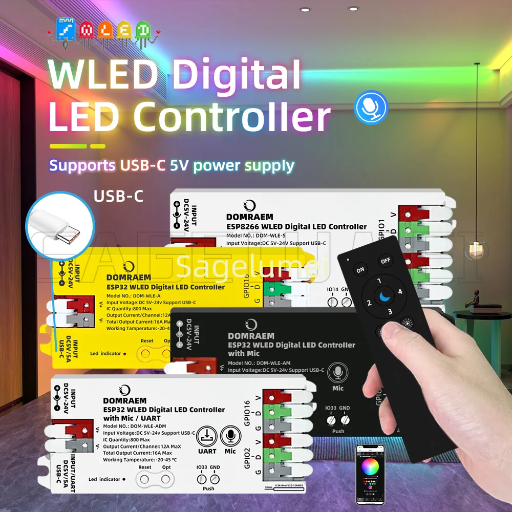 ESP8266/ESP32 WLED LED Controller Built in Microphone DIY Dynamic Mode UART Type-C Download App Control Voice RF2.4G WLED Remote