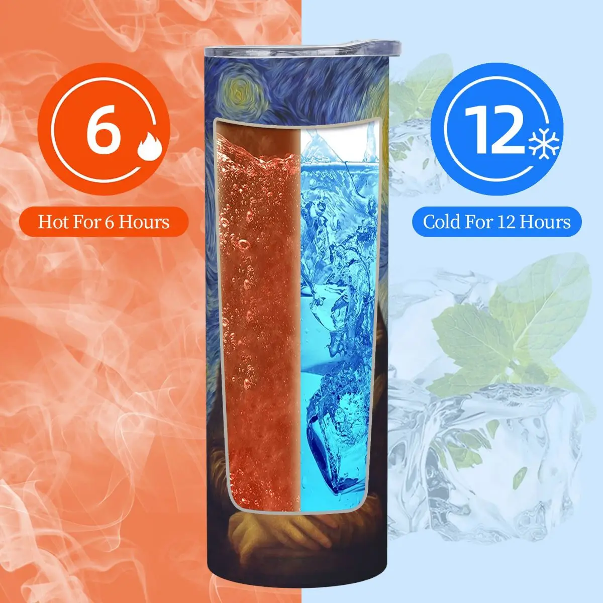 ليلة مرصعة بالنجوم من الموناليزا وفنسنت فان جوخ مكنسة من الفولاذ المقاوم للصدأ أكواب معزولة زجاجة باردة حرارية من القش مع غطاء 20 أونصة #5