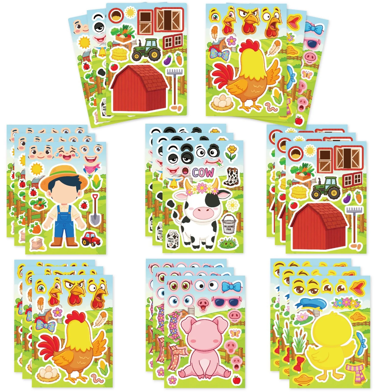6/12 feuilles d'autocollants puzzle à assembler pour créer des visages d'animaux de la ferme, avec caractéristiques faciales assorties, jouets éducatifs pour garçons et filles, cadeaux
