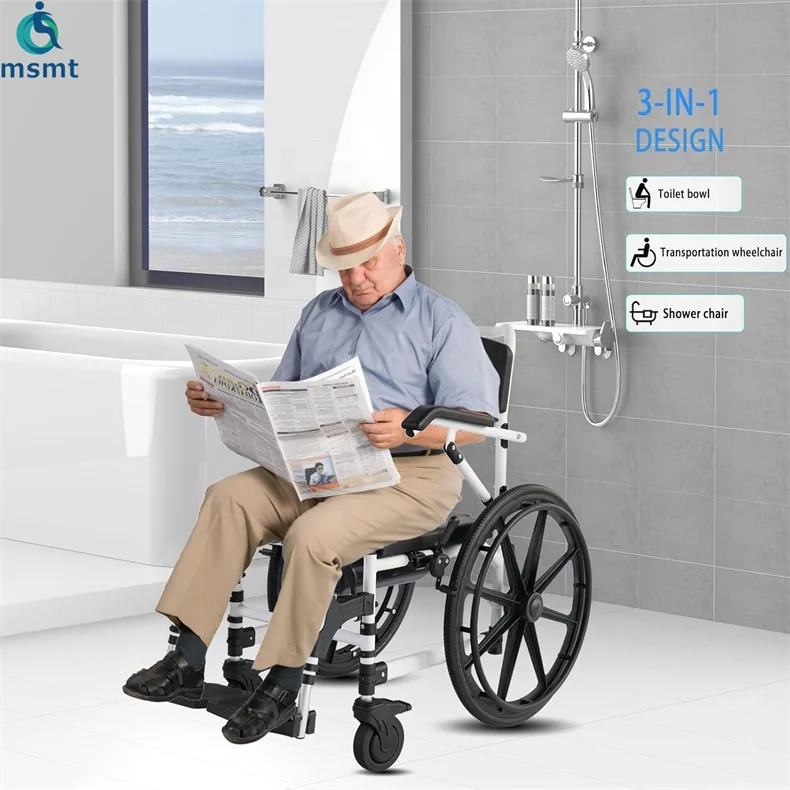 Black Folding Shower Commode Wheelchair Beside Commode Chair With Padded Seat Waterproof Rolling Shower Chair With Armrests