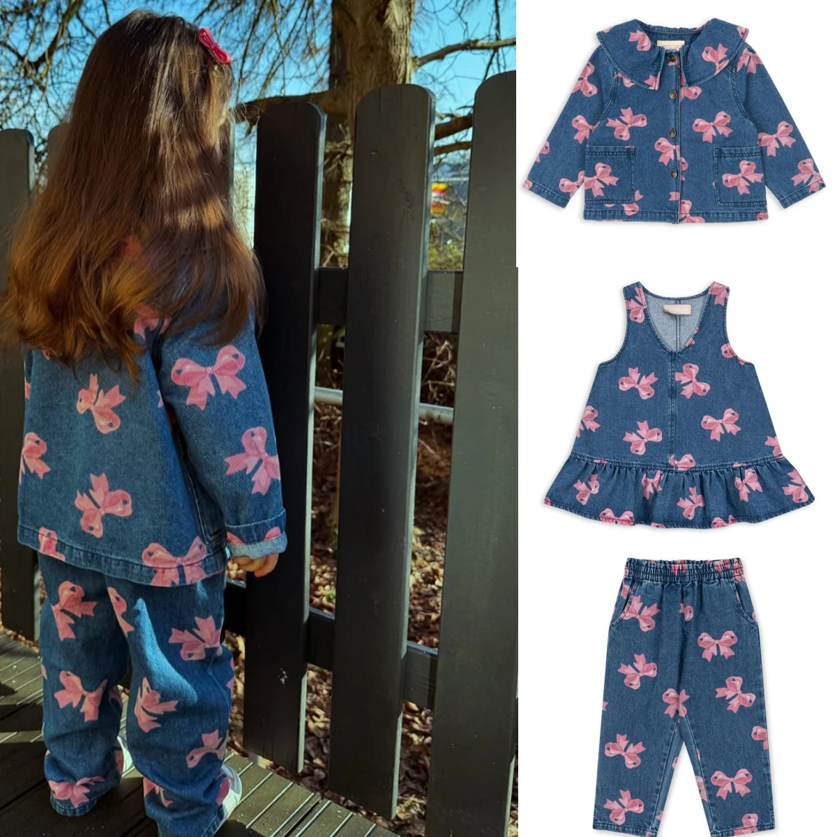 

2025 New Spring Summer Baby Boys Girls Outwear Jacket Jeans Korean Girl Princess Bow Party Denim Dress Children's Clothings