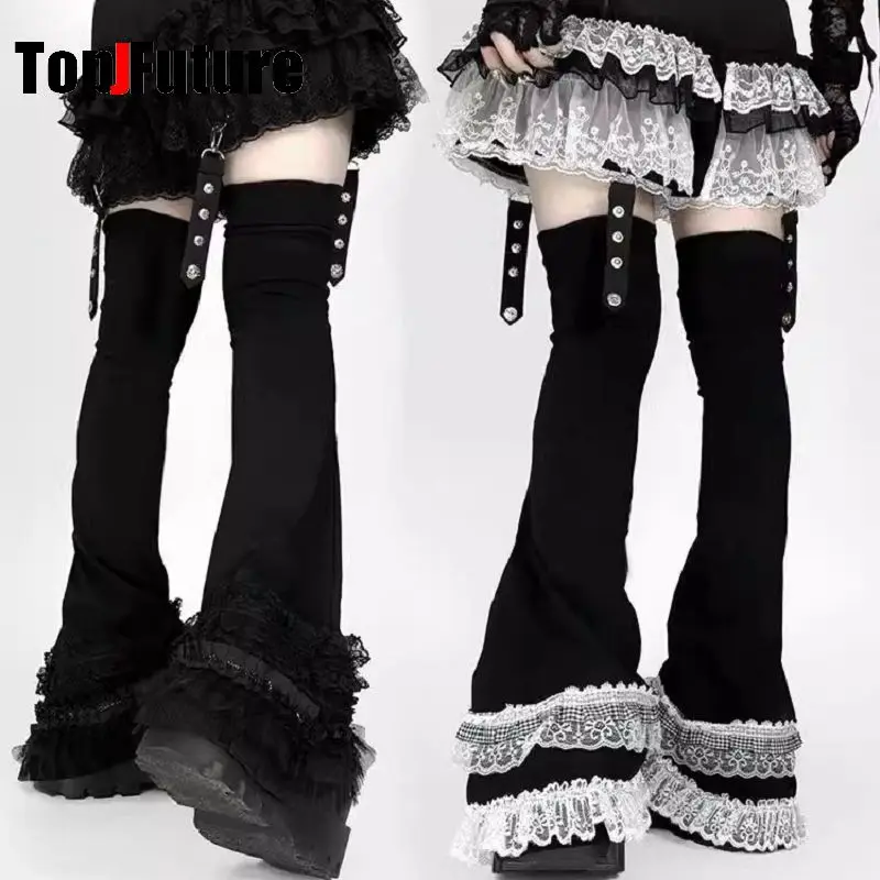 Women Y2k Girl Patchwork Lace Ruffle Gothic Lolita Over Knee High Sock Kawaii lace Long Socks Foot Cover Grunge Punk Leg Warmers