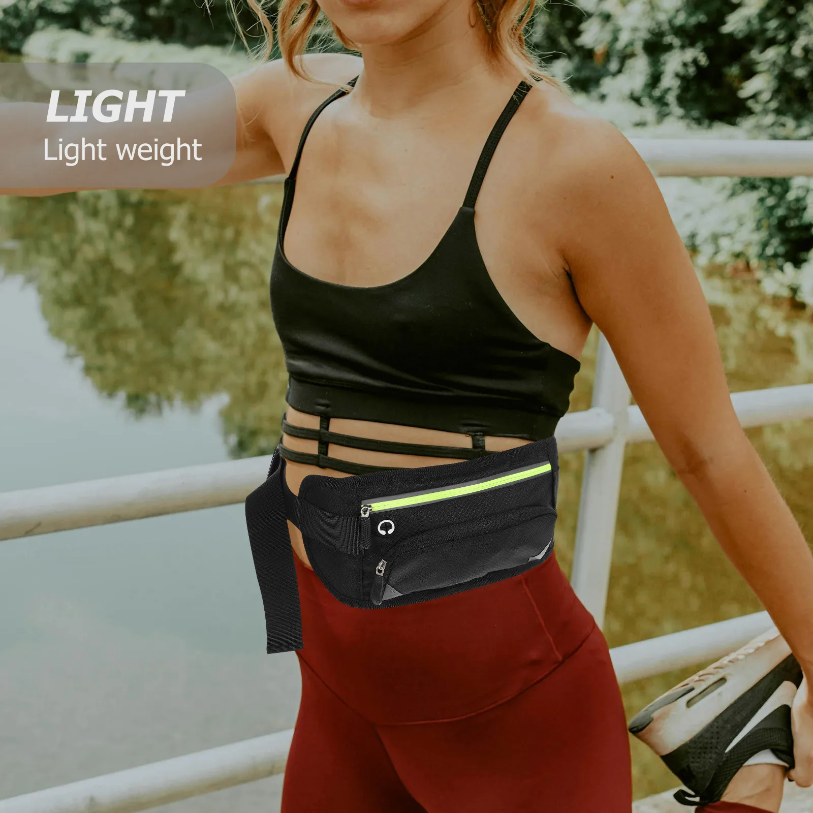 Sports Belt Pack Black Fitness Waist Bag Zipper Pouch Fits 6 Inch Phone Adjustable Waistband for Running Hiking Travel