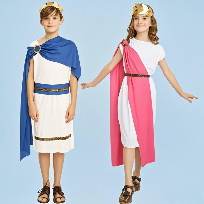 

Ancient Greece and Rome Costume White Dress Pink Blue Shawl for Boys Girls Role Play Outfit Children's Day Halloween Party