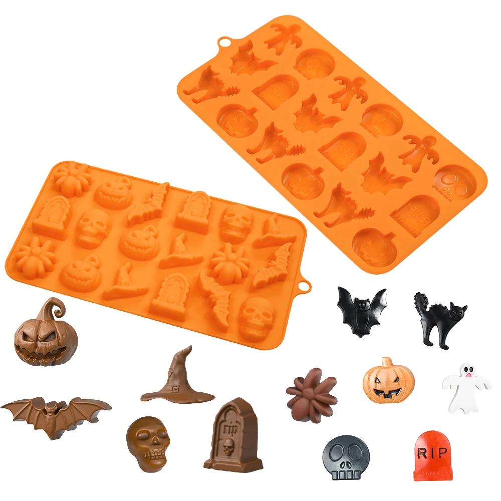 Molde de Halloween, calabaza, calavera, fantasma, araña, bruja, murciélago, diseño de lápida, elementos de Halloween, molde de pastel, molde de silicona para Chocolate
