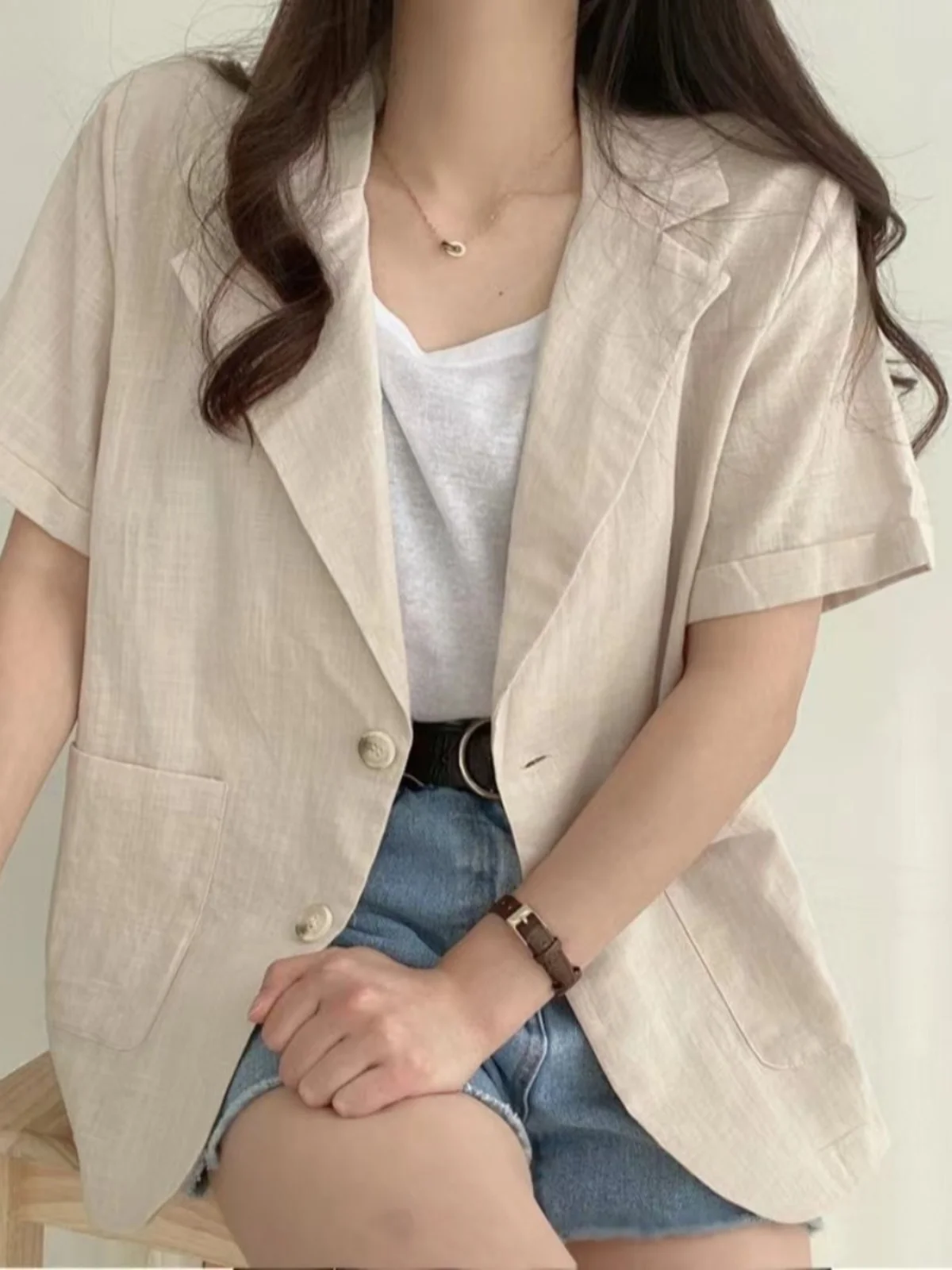 Chaqueta de traje de manga corta de dos botones, fina, de lino y aodón, transpirable, estilo coreano, e, csa de e...