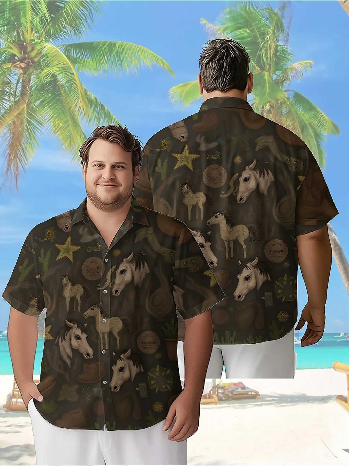 

Men's Plus Size Hawaiian Shirts Classic Riding Boots and Desert Cactus Pattern, Summer Casual Tops, Outdoor and Party,