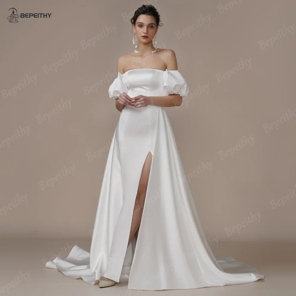 BEPEITHY Customized Satin Off Shoulder Long Evening Wedding Dress For Women Short Sleeves High Slit Sexy Bridal Prom Party Gown