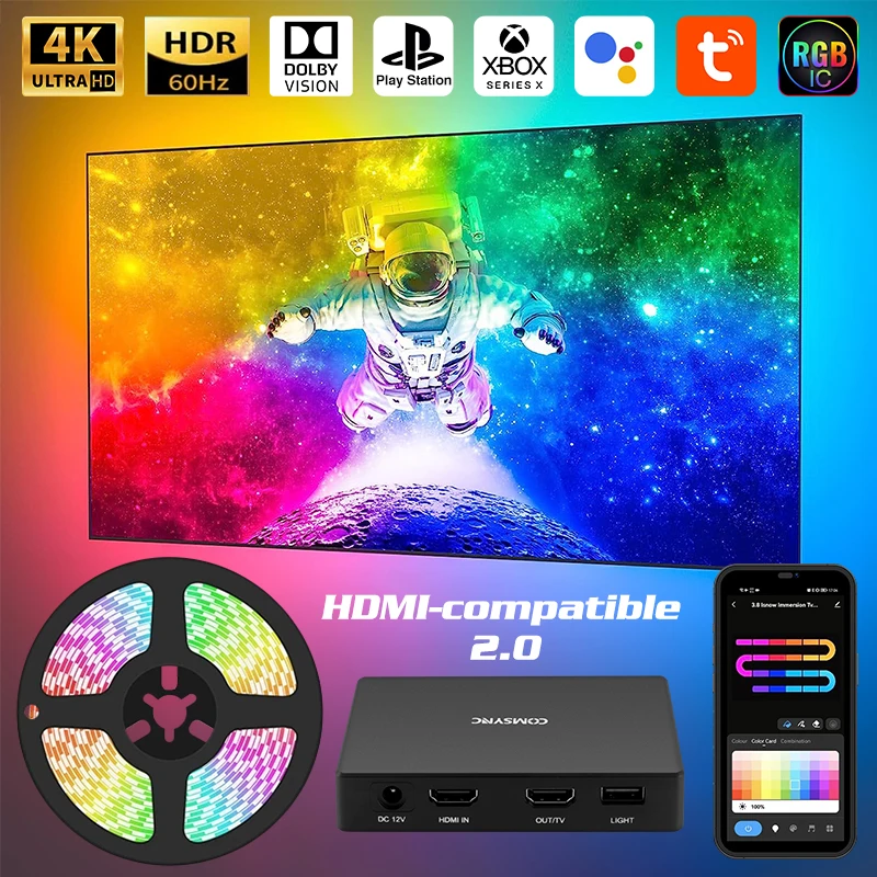 LED Smart Ambient TV Backlight Wifi Alexa Google Assistant Control 4K HDMI-Compatible 2.0 Device Screen Color SyncStrip Lights