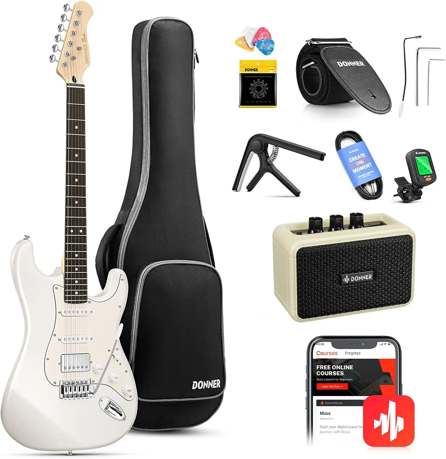 39-Inch Electric Guitar Starter Kit with HSS Pickup Coil Split, Amplifier, Padded Gig Bag, and Accessories, Polar White