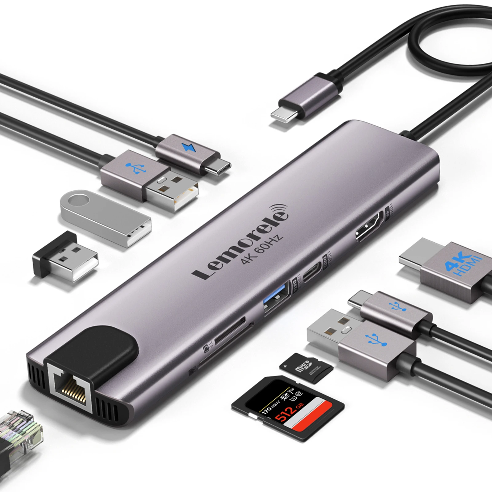 

Lemorele 10 in 1 USB Docking Station USB Type C Adapter 4K@60Hz HDMI 100W PD RJ45 1000Mbps Ethernet SD/TF Slot for Mac Laptop