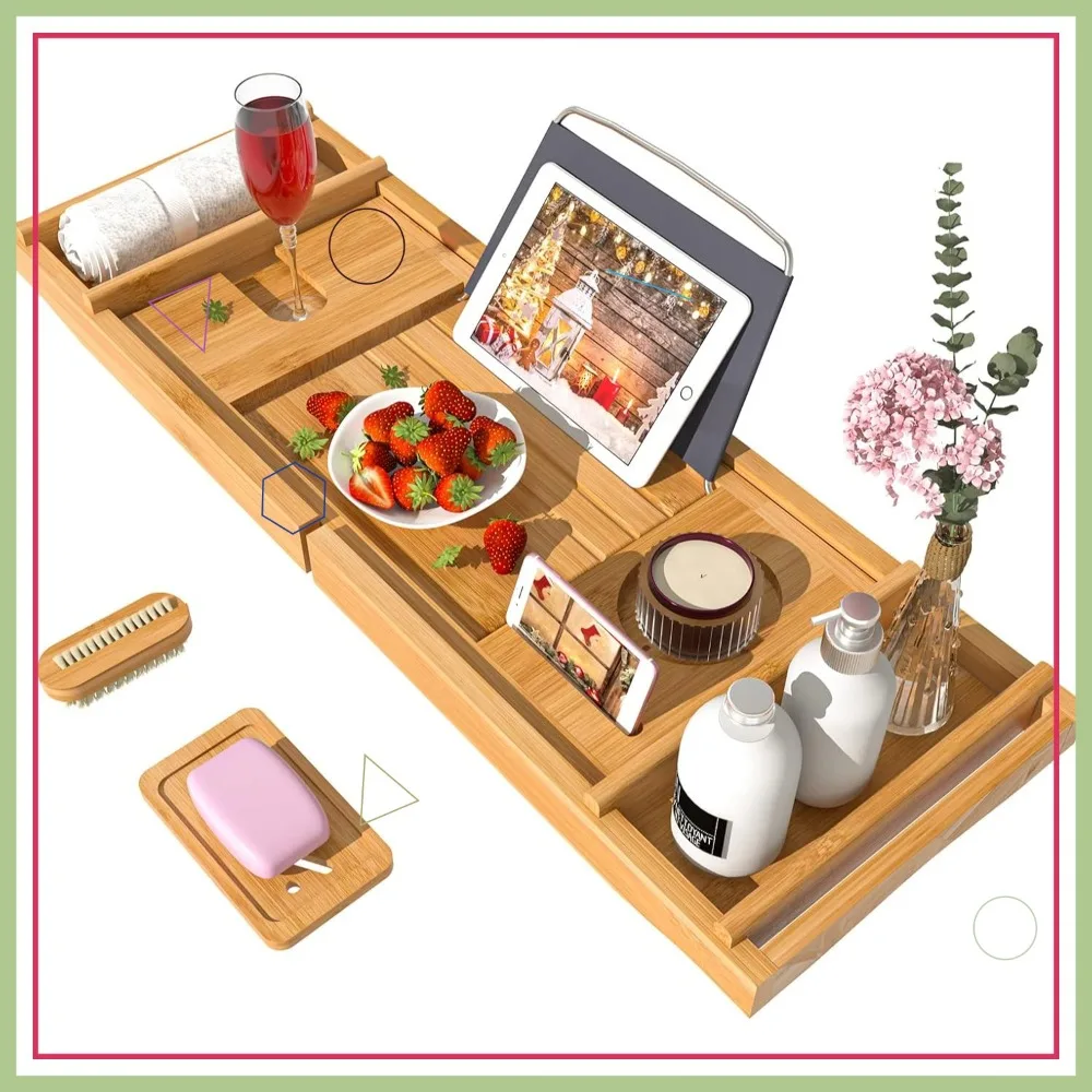 

Подставка-органайзер для ванной из бамбука с регулируемыми секциями и бесплатной мыльницей для роскошного спа-отдыха или чтения