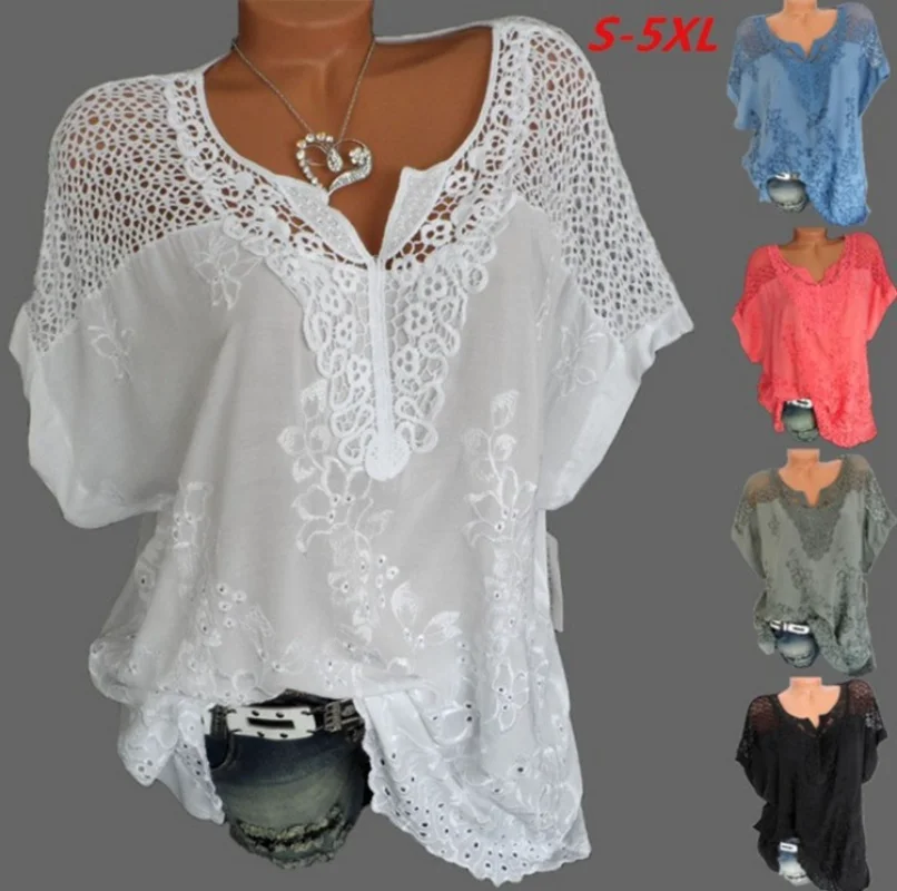 Zomerse Damesblouses En-Tops Met Korte Mouwen En Losse Witte Kanten Patchwork Shirt 4xl 5xl Damestops Vrijetijdskleding