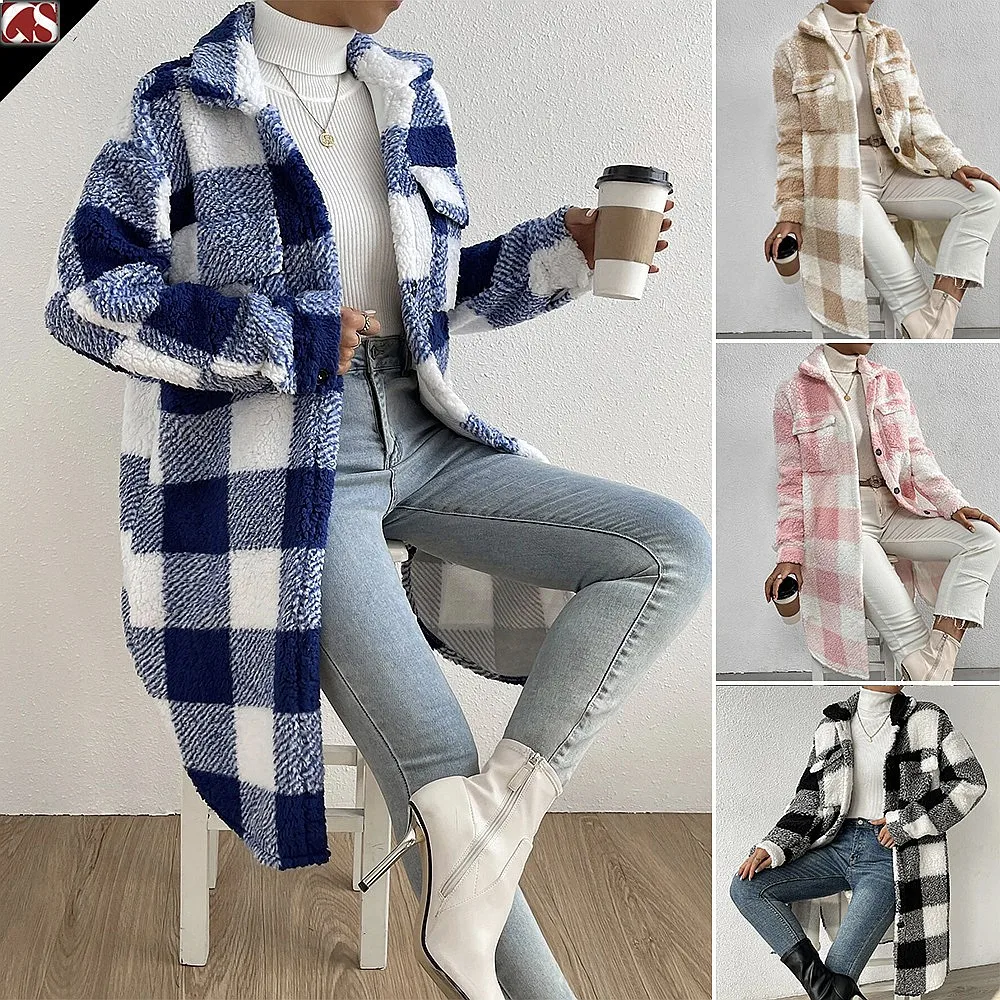 Cross Button Plaid Faux Fur Coat Long Overcoat Women Spring Fall Winter Casual Loose Outerwear Jackets