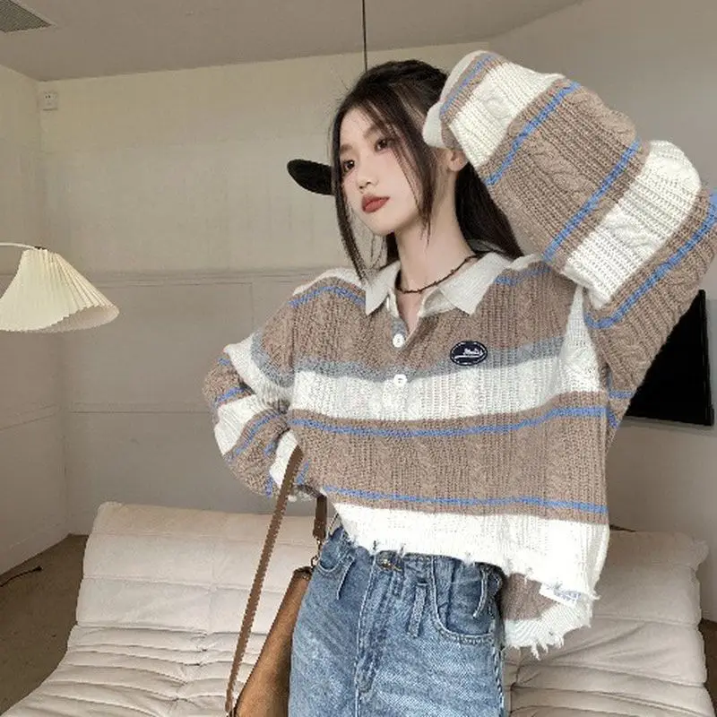 

Hole Polo Crop Long Sleeve Tops Striped Women T Shirts Fashion Casual Harajuku Tunic Oversized Lazy Style Fall Winter Sweatshirt