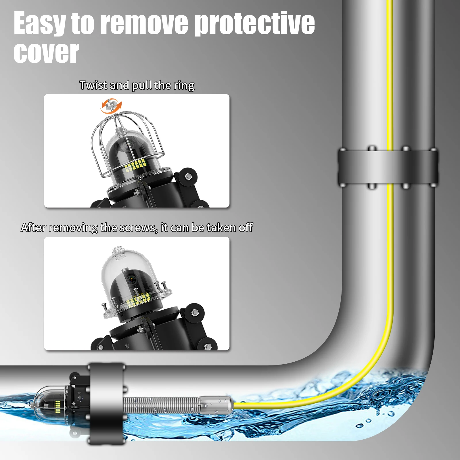 60 ملم 360 ° رأس كاميرا فحص المجاري الدوارة AHD 1080P مع 12 قطعة مصابيح LED مميزة، IP68 مقاومة للماء لأنبوب 150-600 مم #6