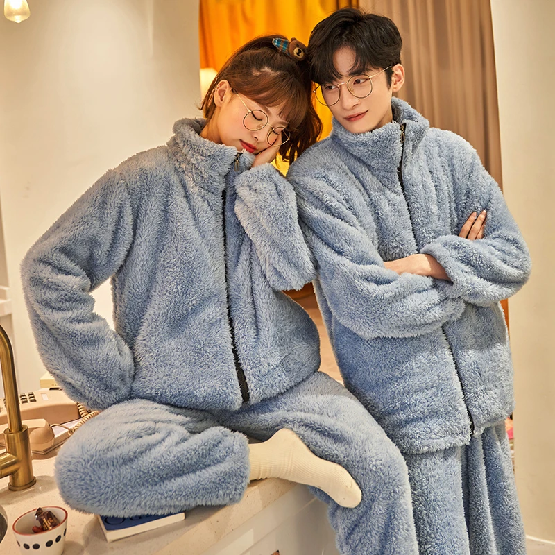 Pyjama en peluche pour couple, cardigan à fermeture éclair, flanelle épaissie, costume ample, vêtements de maison en polaire pour hommes et femmes, automne et hiver