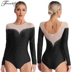 Women Figure Skating Leotard Ballet Dance Acrobatics Gymnastics Performance Costume Long Sleeve Rhinestone Sheer Mesh Bodysuit