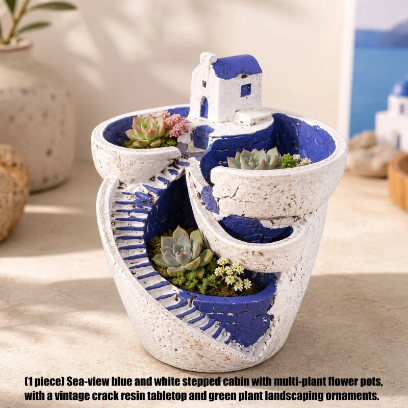 Coastal House Resin Flower Pot with Crackle Texture, Tabletop Holder for Indoor Desk Display, Window Shelf and Small Flower 87HA