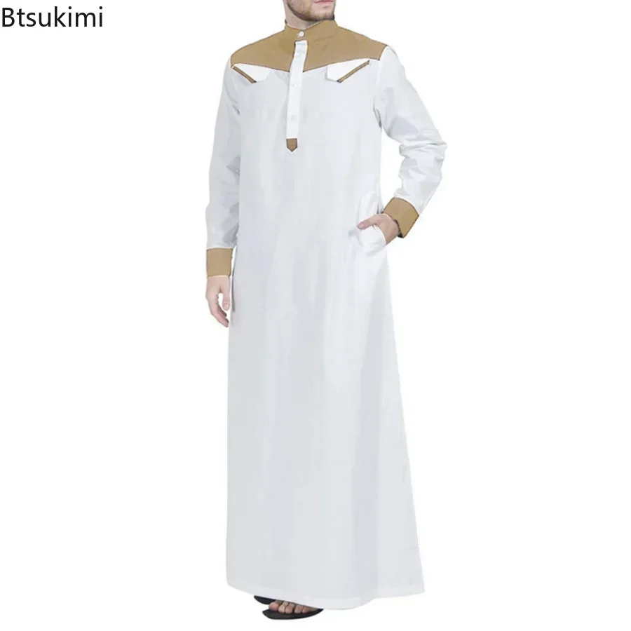 Thobe musulmán con cuello mandarín para hombre, ropa musulmana cómoda de manga larga con contraste de Color, Abaya Herren de Arabia Saudita, 2024