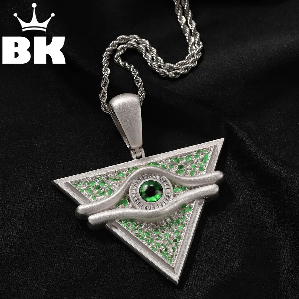 Triangle Shape Eye Of Providence Pendant Men Women Fashion Hip Hop Necklace White Gold Plated Paved BaguetteCZ Green Color Deco