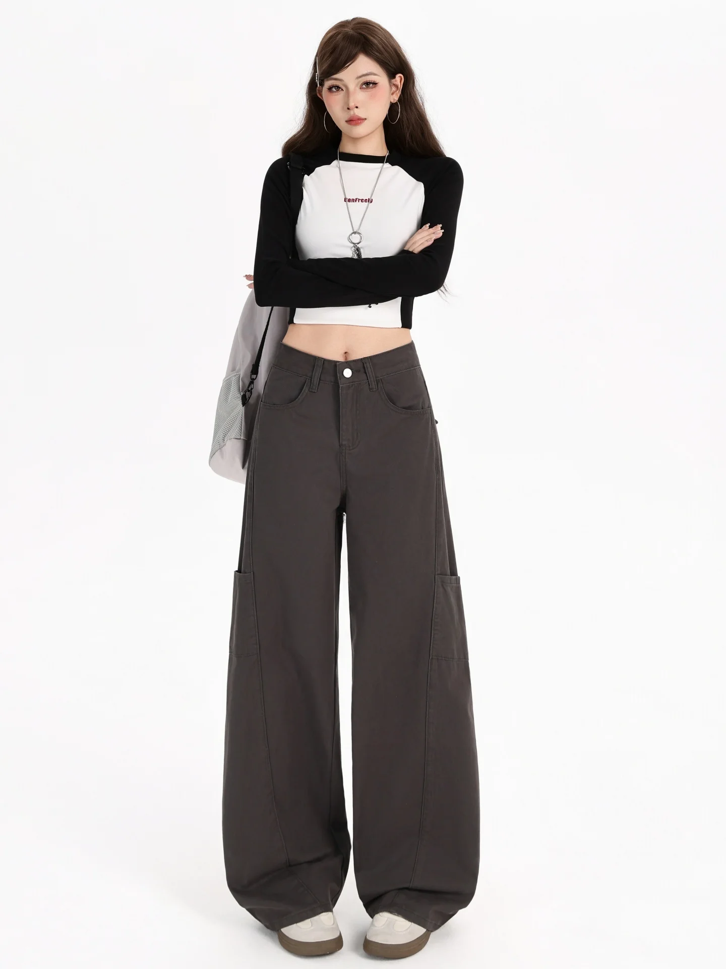 와이드 레그 워크웨어 팬츠 여성용 루즈 스트레이트 데님 진 하이웨이스트 바지 플러스 사이즈 배형 슬림 효과