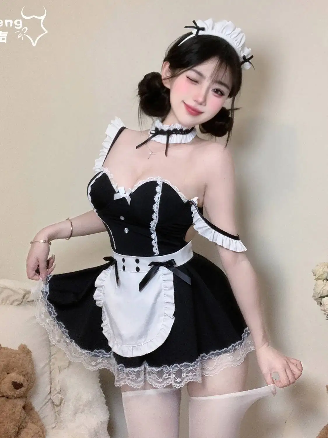 Robe Sexy, uniforme de demoiselle d'honneur, garniture en dentelle SM, joli tablier doux, nœud papillon, dos nu, bretelles en V profond, robe sans manches, pur désir CQDV