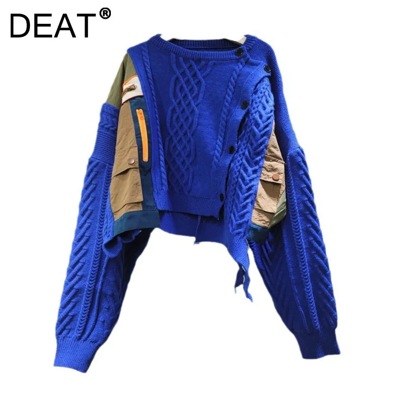 DEAT Women Cardigan Contrast Color Patchwork Design Loose Short Coat Knitted Irregular Sweaters 2025 New Spring Fashion 33A2043