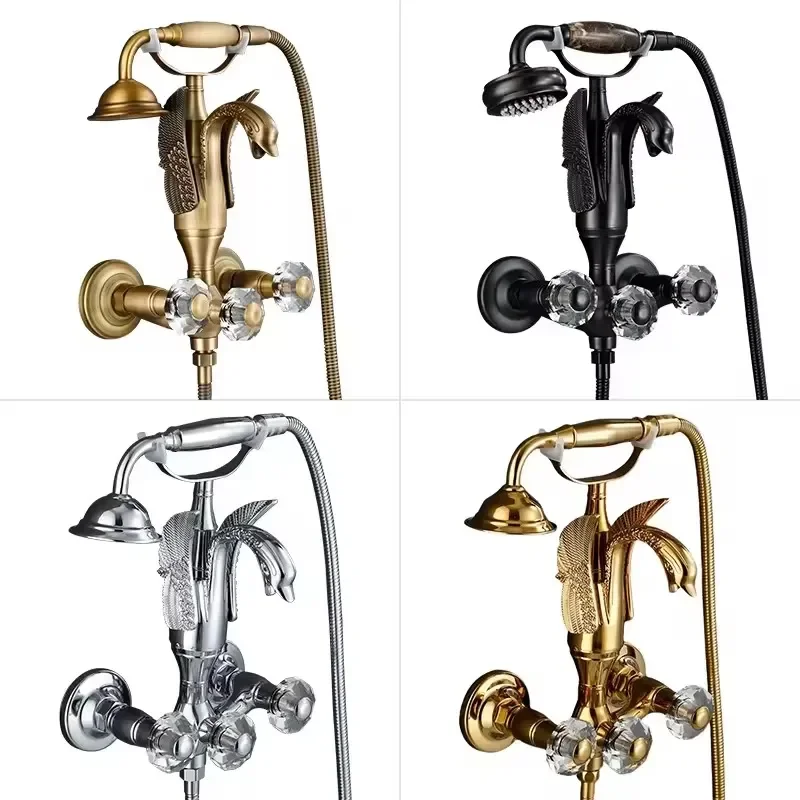 Premium Gold Brass Freestanding Tub Faucet SWAN FLOOR STANDING FAUCET Neck Bath Filler Hand Shower Solid Brass Ceramic