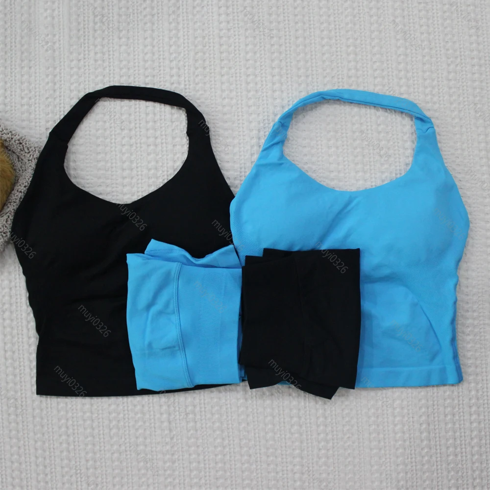 2 Peice Histello Sports Set Women Seamless Halter Top Longline Strappy Padded Scrunch Shorts Set Yoga Suit Gym Workout Sets