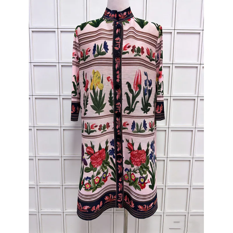 ミヤケ ニッチ ハイエンド ファッション コントラスト ラペル シングルブレスト プリント プリーツ ドレス レディース ルーズ ドレープ ロングスカート 2025 新作