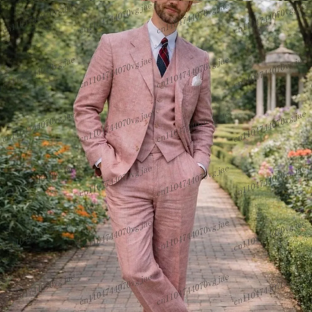 

New Breathable Linen Summer Pink Men Suit Formal Wedding Party Groom Business Male Tuxedos 3 Piece Set Jacket Vest Pants