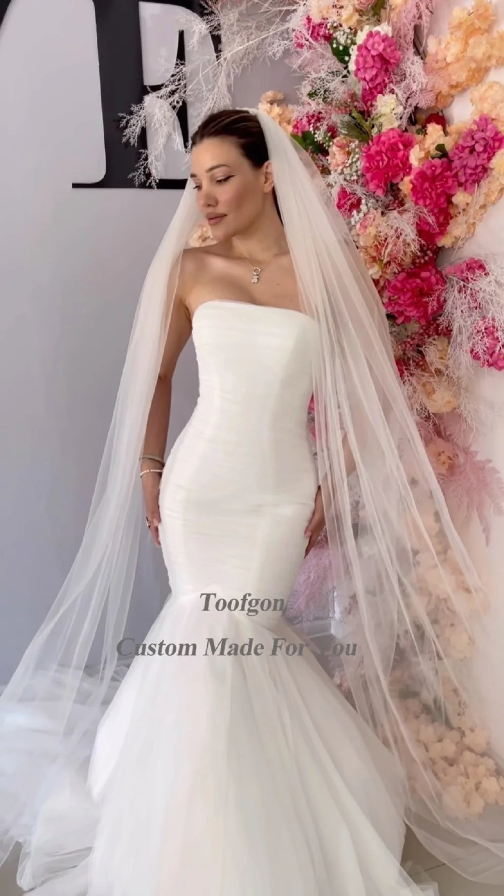 Toofgon Elegant Fishtail Tulle Wedding Dresses Strapless Wedding Gowns Mermaid Bridal Gown Women Special Party Formal Dress