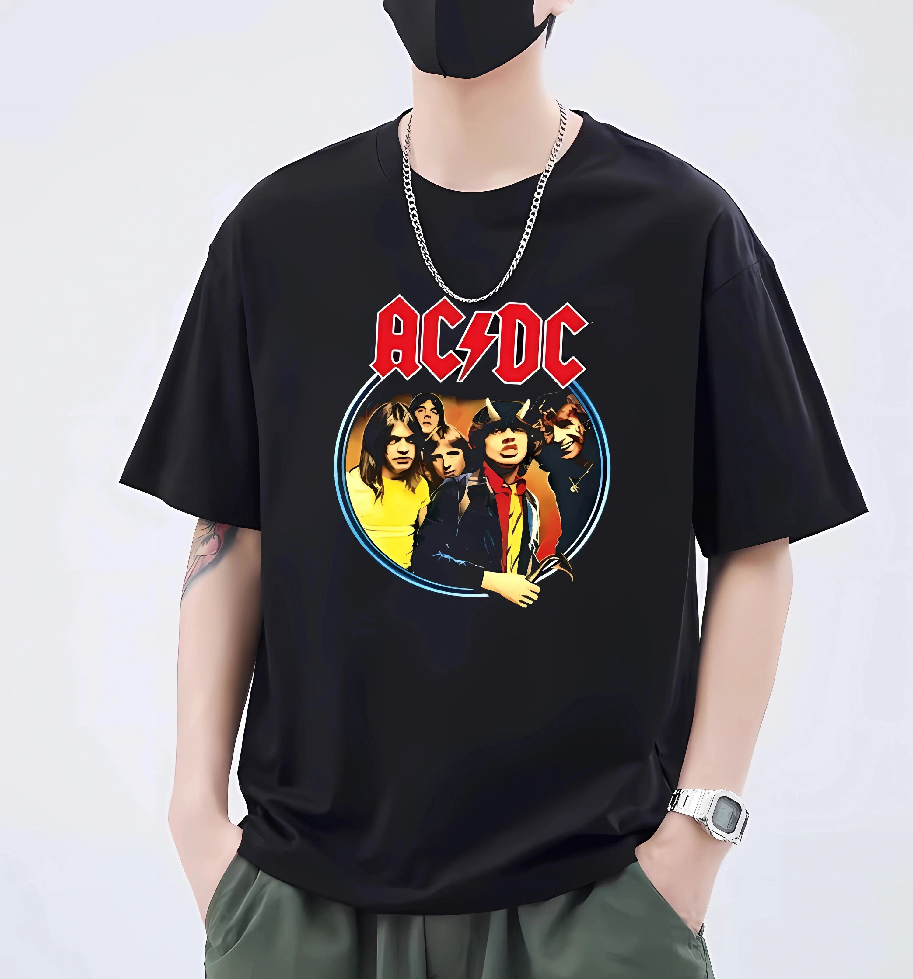 2024 New ACDC Rock Band Short Sleeve T-shirt Male and Female Students Summer Loose American Street All Round Neck Pure Cotton