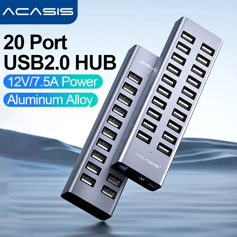 

ACASIS 20 Ports Powered USB Hub Aluminum Multi USB 2.0 Hub High Speed Data Transfer Fast Charger Splitter With 90W Power Adapter