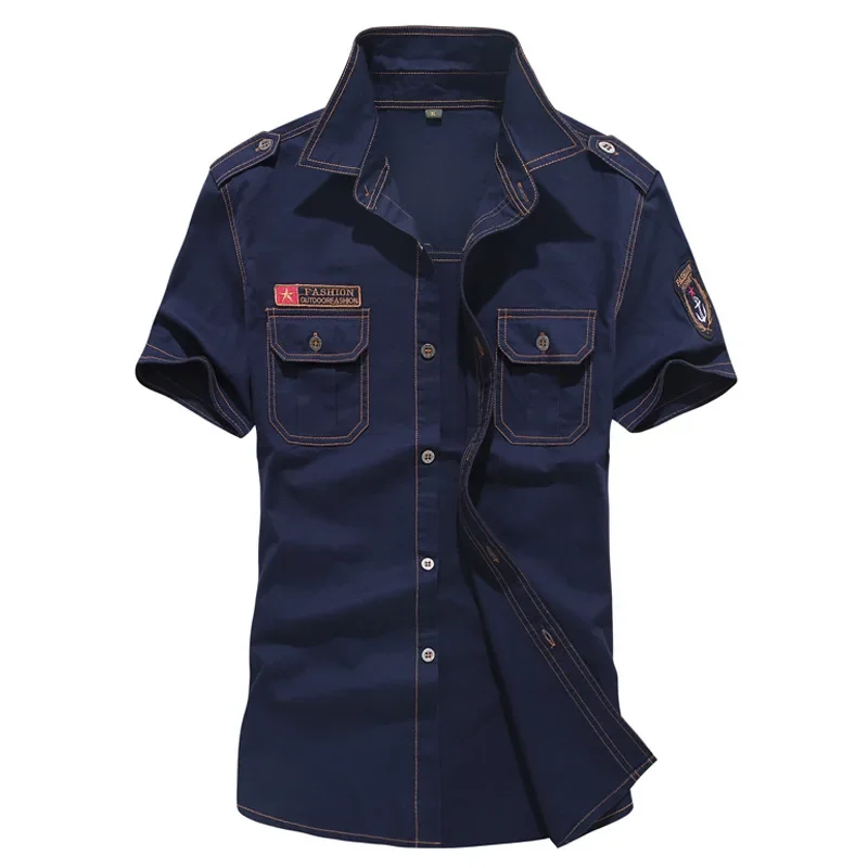 Men Short Sleeve Military Stytle Tooling Shirts High Quality Men Cotton Casual Shirts New Summer Men Solid Color Shirts Size 6XL