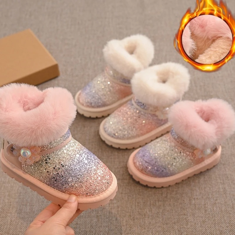 

Girls Performance Boots 2025winter New Child Sequined Bow Boots Fashionable Warm Flat Comfortable Children's Shoes Autumn Boots