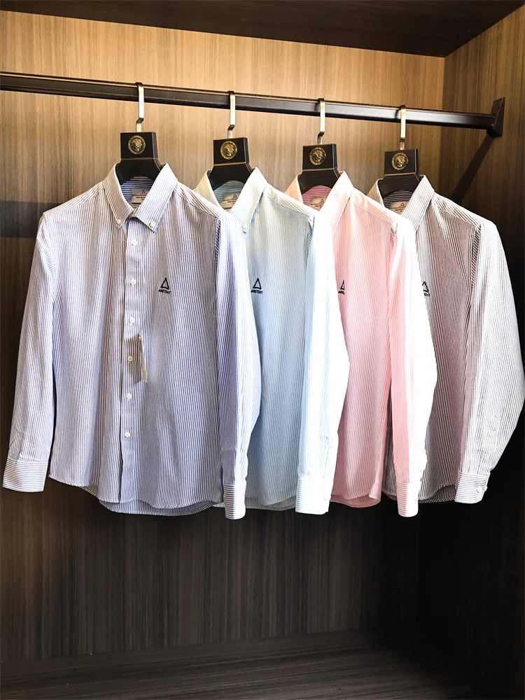 

Мужская хлопковая рубашка в полоску с длинным рукавом, из чистого хлопка, с деловым воротником, для повседневной носки, модная, осенняя, ODM, высокое качество