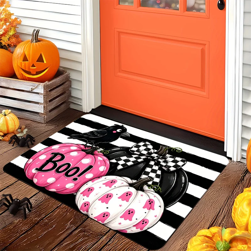 Boo Pumpkin Crow Halloween Doormat Black White Stripe Pink Polka Dot Non Slip Indoor Entrance Rug For Spooky Season Home Decor