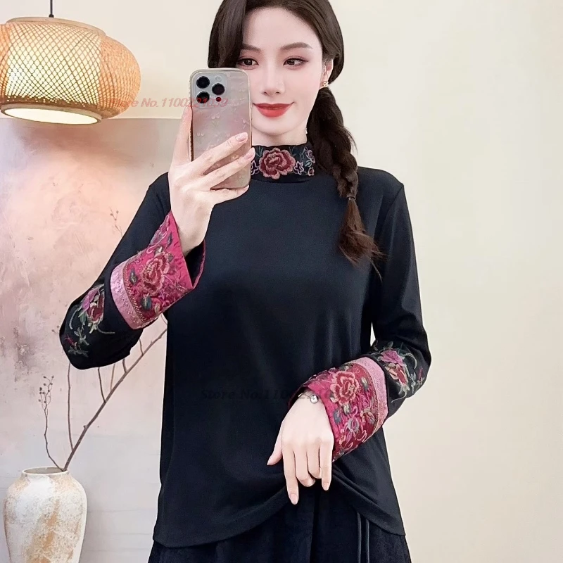 

2025 traditional chinese hanfu tops national flower embroidery stand collar ethnic shirt retro base shirt vintage folk shirt