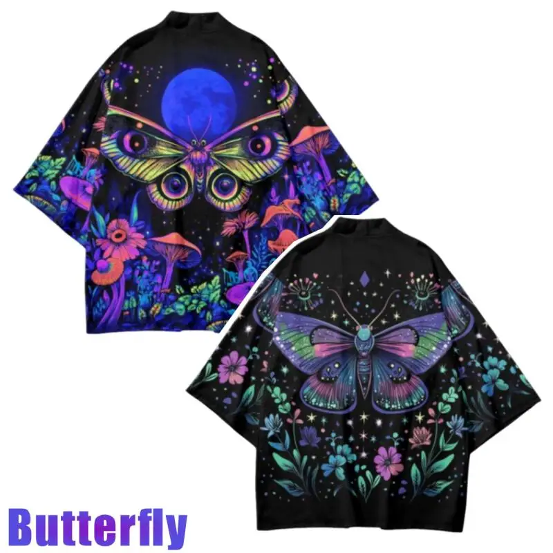 

Colorful Butterfly Floral Mushroom Print Japanese Happi Coat Kimono Cardigan Open Front For Men Women Casual Streetwear Jacket