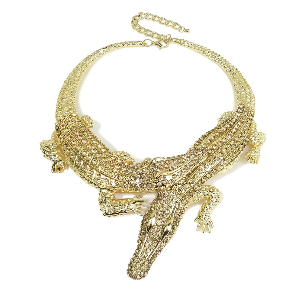 Punk Inlaid Full Rhinestone Big Crocodile Necklace For Women Statement Alloy Torque Collar Necklace Gold Color Fashion Jewelry