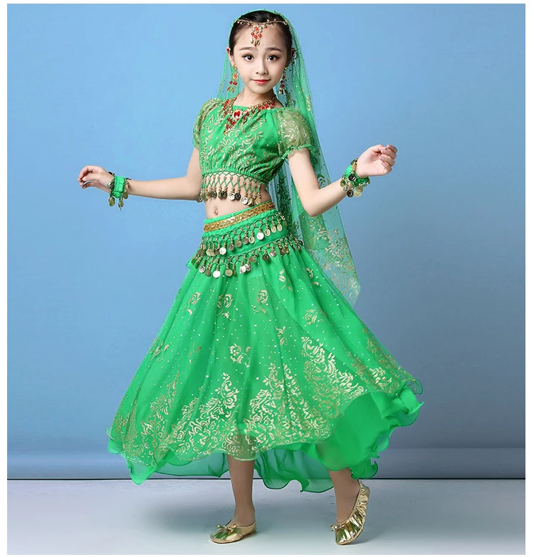 Children Indian Belly Dance Costume Girl Dress Bollywood Belly Dance 4Pcs/Set Performance Kids With Coins Accessories